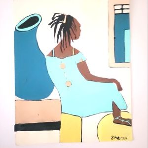 African Painting ,11x14,ethic woman,bedroom art,natural hair,blue dress